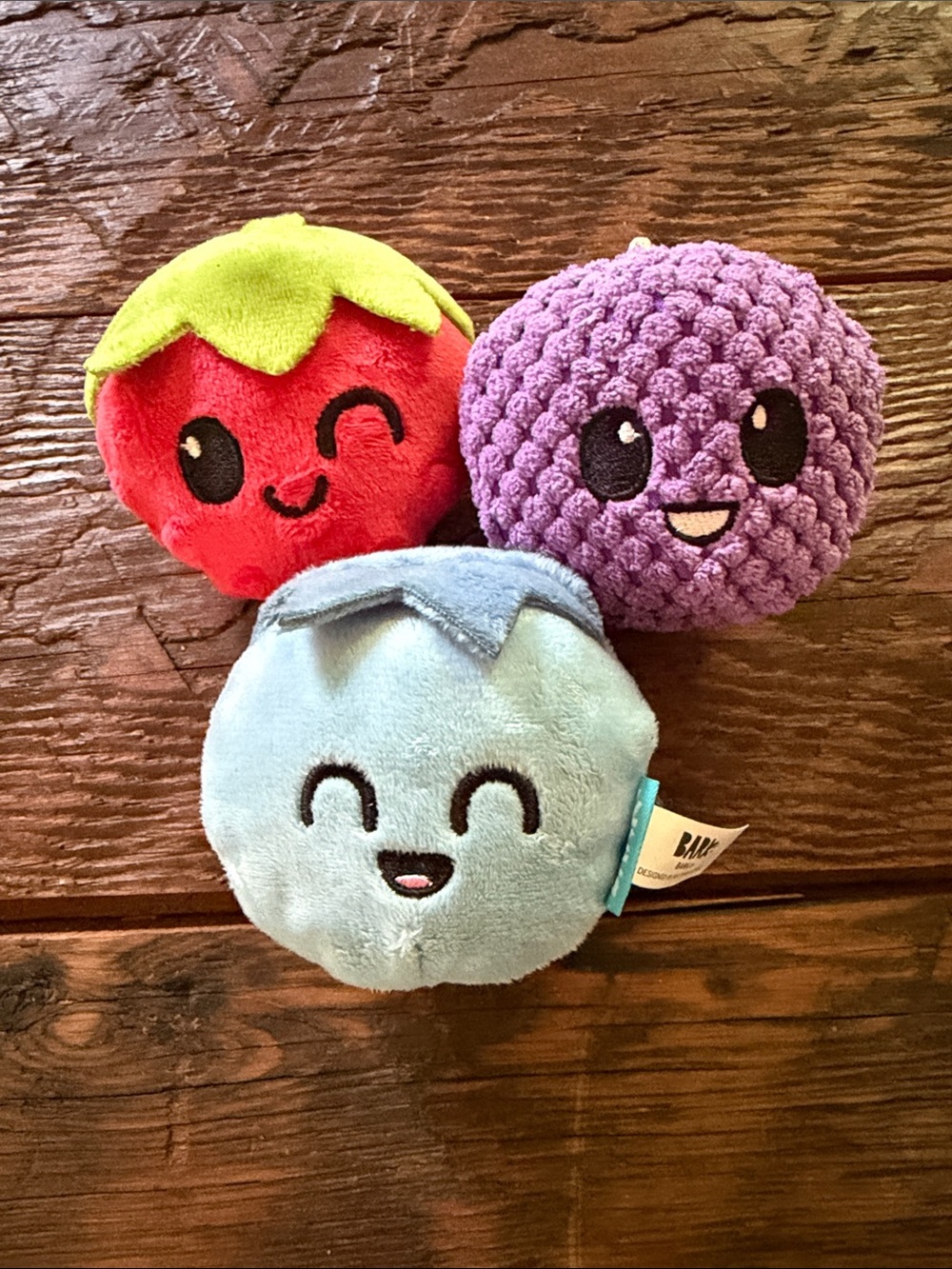 Bark Plush Fruit Trio Dog Toys - Red, Purple, Light Blue